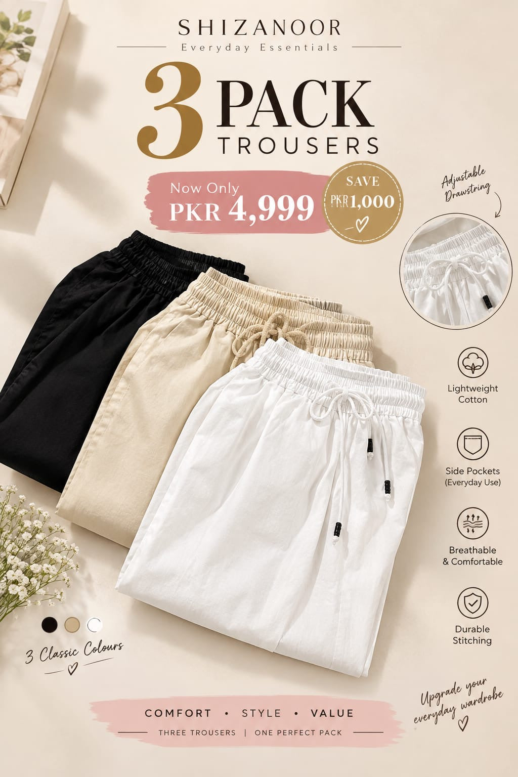 Title:
Everyday Essential Cotton Trousers — Pack of 3 (Save Rs. 971!)
